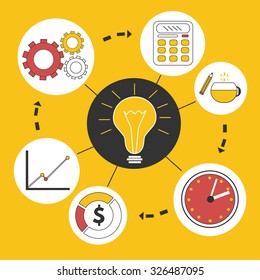 Business idea infographics template. Creative background with clock, lamp, calculator, statistics 