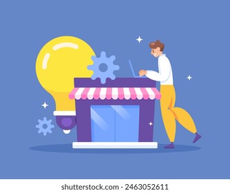 business idea. innovate to create a business. make plans and strategies to start a business. creative and innovative.an entrepreneur with a light bulb and a shop. illustration concept design. graphic 