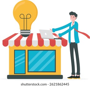 ideia de negócio. inovar para criar um negócio. fazer planos e estratégias para começar um negócio. criativo e inovador. um empreendedor com uma lâmpada e uma loja. design conceito ilustração. gráfico