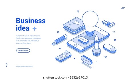 Business idea innovation brainstorming smartphone application web banner isometric vector illustration. Creative inspiration solution development marketing invention startup mobile phone app