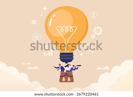 Business Idea and Innovation Concept. Vector illustration of business people flying in a hot air balloon shaped like a light bulb. Creative idea, vision, and leadership symbol.