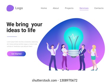 Business Idea Innovation Flat style vector illustration landing page banner. Team bring your business ideas to life concept.