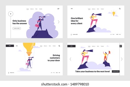 Business Idea, Innovation Vision Website Landing Page Set. Business People Flying on Hot Light Bulb Air Balloon, Standing on Peak Looking in Spyglass Web Page Banner. Cartoon Flat Vector Illustration