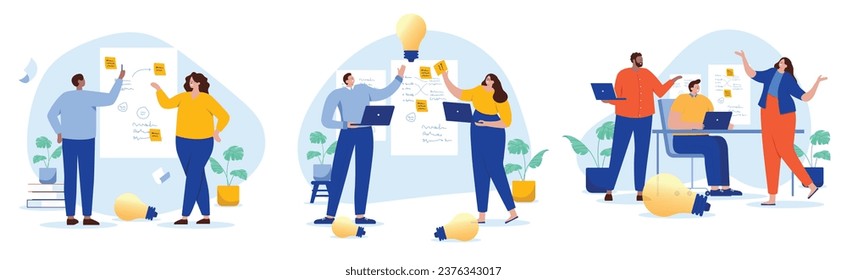 Business idea and innovation work - People in workshop working with sticky notes and solving problems in workshop and meeting. Flat design cartoon vector illustration with white background