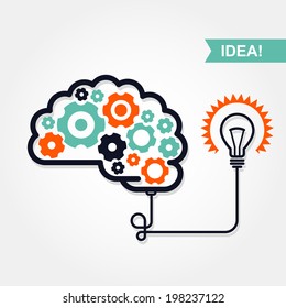 Business idea or invention icon -  brain with gear wheel and light bulb