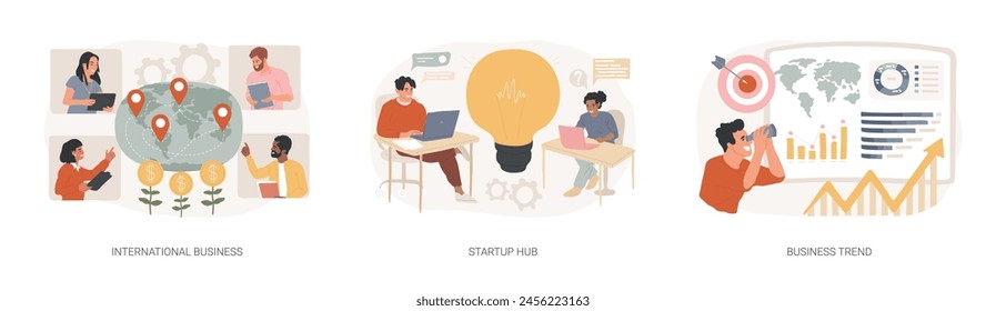 Business idea isolated concept vector illustration set. International business, startup hub, business trend analysis, entrepreneur, IT innovation, partnership, startup incubator vector concept.