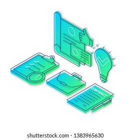 Business idea isometric color vector illustration. Startup audit linear icons infographic. Project management, prototype development 3d concept. Gradient isolated design elements on white background