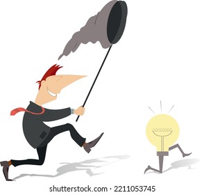 Business idea, knowledge exchange, successful work. Idea lamp concept.
Smiling businessman catching light bulb by butterfly net. Isolated on white background
