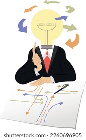 Business idea, knowledge exchange, successful work. 
Idea lamp concept. Thinking businessman with a light bulb instead head thinking how to settle the problem or creates new ideas
