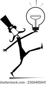 Business idea, knowledge exchange, successful work.
Cartoon man in the top hat holds a light bulb. Black and white
