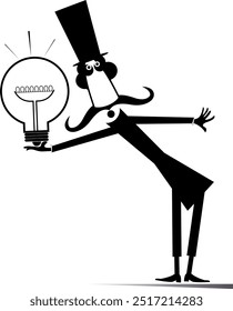 Business idea, knowledge exchange, successful work.
Cartoon man in the top hat holds a light bulb. Black and white
