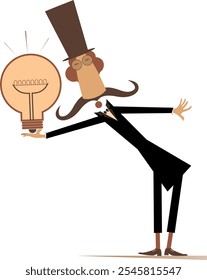 Business idea, knowledge exchange, successful work. Cartoon man in the top hat holds a light bulb. Isolated on white background