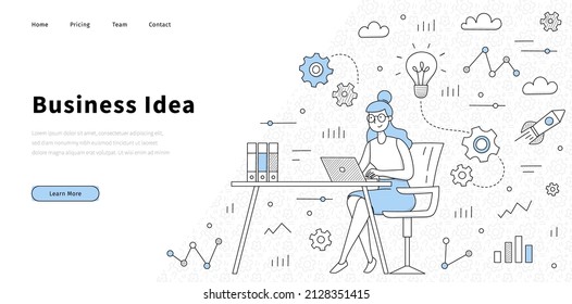 Business idea landing page in doodle style. Businesswoman working at desk with laptop in office, developer thinking on creative solutions with infographic icons around, Line art vector web banner