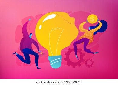 Geschäftsidee, Business Launch und Entwicklung, Business Plan Konzept. Vektor einzelne Concept Illustration mit winzigen Menschen und Blumenelementen. Heldenbild für Website.