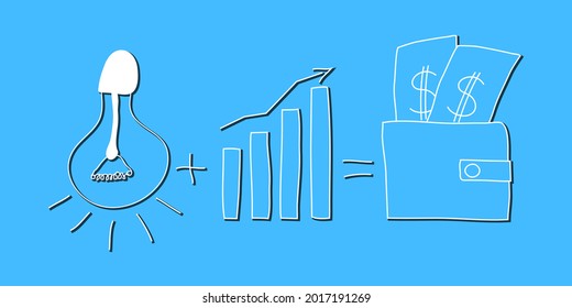 Una idea de negocio. Bombilla, gráfico y dinero. Ilustración vectorial.