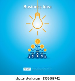 business idea with light bulb and dollar coin growing plant element object. Financial innovation solution concept or investment vision opportunity with flat design. vector illustration