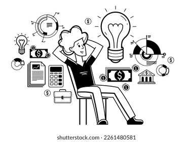 La idea de negocio bombilla en las manos de un emprendedor creativo exitoso, pensamiento de persona de negocios y tienen una visión sobre la solución y el desarrollo, vector.