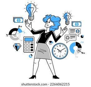 Business idea light bulb in a hands of creative successful woman entrepreneur, business person thinking and have an insight about solution and development, vector.