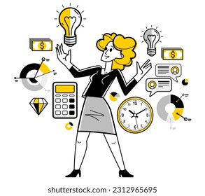 Business idea light bulb in a hands of creative successful woman entrepreneur, business person thinking and have an insight about solution and development, vector.