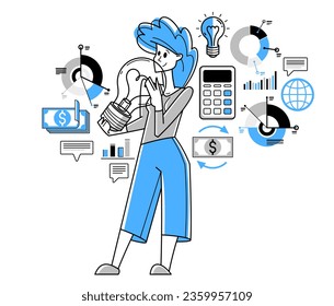 Business idea light bulb in a hands of creative successful woman entrepreneur, business person thinking and have an insight about solution and development, vector.