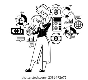 Business idea light bulb in a hands of creative successful woman entrepreneur, business person thinking and have an insight about solution and development, vector.