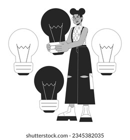 Business idea lightbulb bw concept vector spot illustration. Eyeglasses woman holding lightbulb 2D cartoon flat line monochromatic character for web UI design. Editable isolated outline hero image