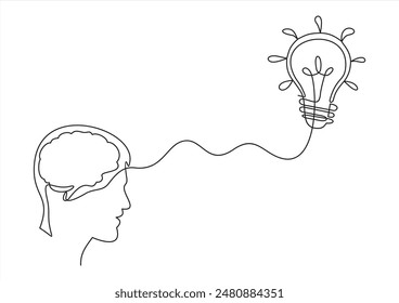 Business Idea line icon. Continuous one line with curl. Light bulb symbol. Human head sign. Idea single.One continuous drawn