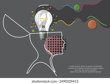 Business Idea line icon. Continuous one line with curl. Light bulb symbol. Human head sign. Idea single.Trendy halftone collage