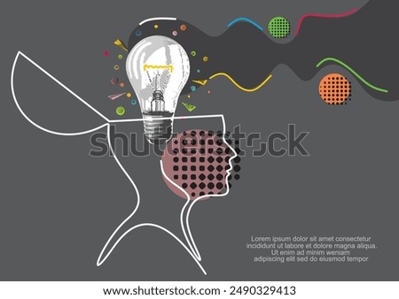 Business Idea line icon. Continuous one line with curl. Light bulb symbol. Human head sign. Idea single.Trendy halftone collage