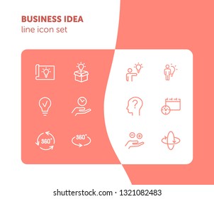 Business idea line icon set. Set of line icons on white background. Business concept.  Idea, lamp, box, person. Vector illustration can be used for topics like business, study, education, career