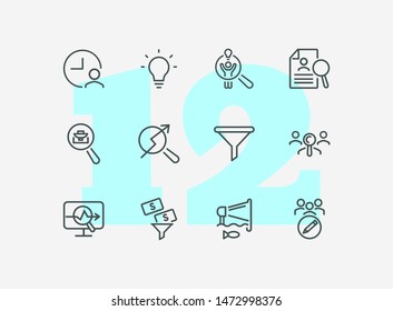 Business idea line icon set. Funnel, bulb, lightbulb. Human resource concept. Can be used for topics like startup, finding investors, new project