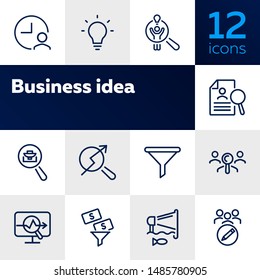 Business idea line icon set. Funnel, bulb, lightbulb. Human resource concept. Can be used for topics like startup, finding investors, new project