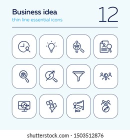 Business idea line icon set. Funnel, bulb, lightbulb. Human resource concept. Can be used for topics like startup, finding investors, new project