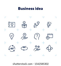 Business idea line icon set. Set of line icons on white background. Business concept. Idea, lamp, box, person. Vector illustration can be used for topics like business, study, education, career