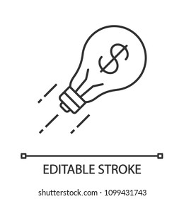Business idea linear icon. Startup launch. Thin line illustration. Fast business start. Flying light bulb with dollar sign inside. Contour symbol. Vector isolated outline drawing. Editable stroke