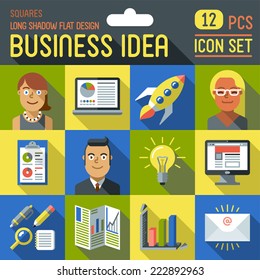 Business idea. Long shadow flat design square icon set. Vector trendy illustrations.