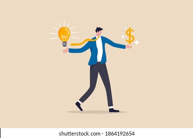 Business idea to make money, innovation and creativity to make profit investment or financial planning concept, smart businessman with lightbulb idea in his hand and money dollar sign on other hand.