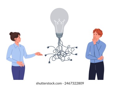 Business idea with many ways of implementation in form of light bulb with wires near man and woman office employees. Teamwork with brainstorming to find optimal solution to bring idea to life