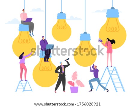 Business idea meeting concept, vector illustration. Company team people choose succesful idea, creative teamwork. Man woman character consider each others ideas, project lightbulbs.