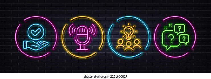 Business idea, Microphone and Approved checkbox minimal line icons. Neon laser 3d lights. Question bubbles icons. For web, application, printing. Meeting people, Mic, Verification. Faq. Vector