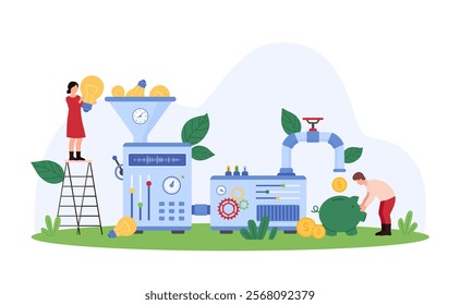 Business idea monetization, fund of success startup. Tiny people make money with funnel and pipe machine, entrepreneurs and investors convert light bulbs into cash cartoon vector illustration