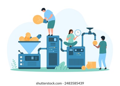 Business idea monetization, tech startup. Tiny people make money, monetize creative idea with funnel pipe machine, throw light bulbs into filter to convert into coins cartoon vector illustration