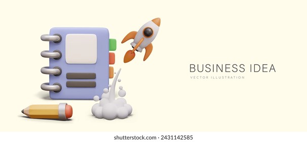 Business idea. New project. 3D notebook with blank cover, pencil, space rocket in flight