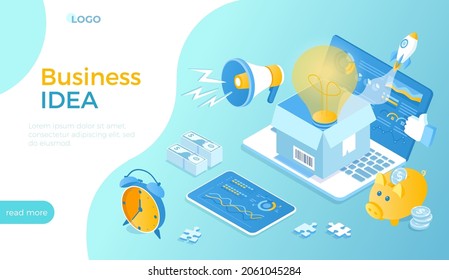 Business Idea New project Startup. Business planning, Strategy, Realization and Success. Light bulb, rocket launch, business plan, money. Isometric vector illustration for website.