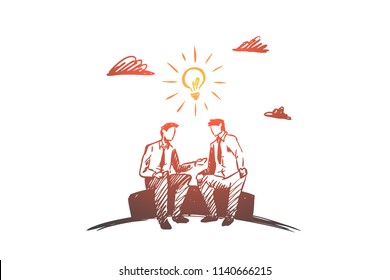 Business idea, partners, together, teamwork concept. Hand drawn business partners discussing project concept sketch. Isolated vector illustration.