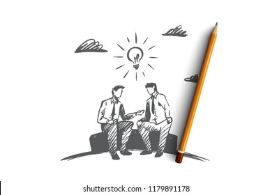 Business idea, partners, together, teamwork concept. Hand drawn business partners discussing project concept sketch. Isolated vector illustration.