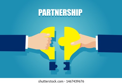 Business idea and partnership concept. Vector of two businessmen bringing together puzzle pieces