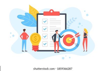 Business idea. People with light bulb, target and arrow, clipboard with checklist. Business solution, startup, new creative idea, target marketing concepts. Modern flat design. Vector illustration