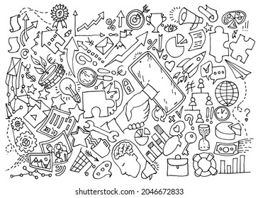 Idea comercial y plan de negocios. Ilustración de elementos de doodle vectoriales dibujados a mano.