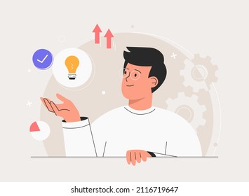 Business idea, plan strategy and solution concept. Business man having solution, ideas lamp bulb metaphor. Concept of new idea, thinking, innovation, creative idea for project, business, start up.